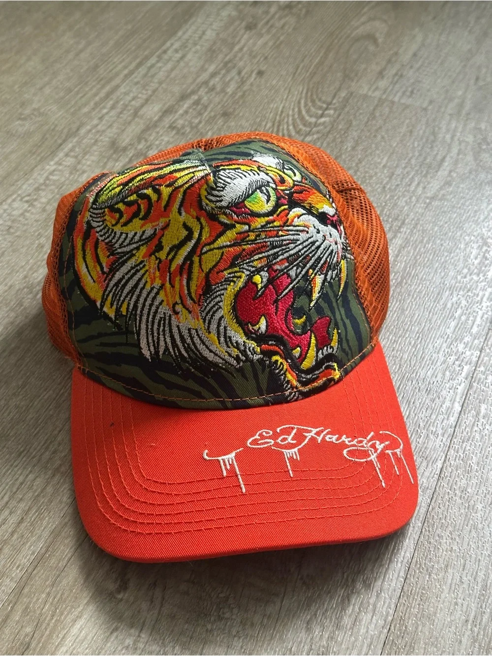 Ed Hardy Orange Tiger Embroidered Mesh Cap
